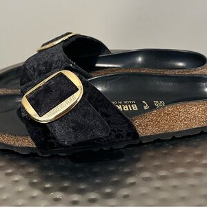 Birkenstock Velvet Black Sandals with Gold Accents